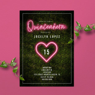 Quinceañera Pink Neon Lights Boxwood Heart Kaart