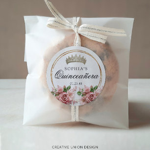 Quinceañera Pink Rose Crown Verjaardagsgunsten Ronde Sticker