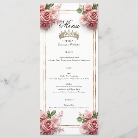 Quinceañera Pink Rose Gold Lijst 15e verjaardag Menu (Voorkant)