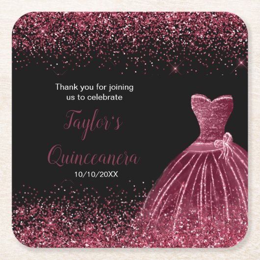 Quinceanera Plum Paarse Faux Glitter Vierkante Kartonnen Onderzetter (Voorkant)