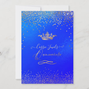 Quinceanera Princess Crown Faux Gold Confetti Blue Kaart