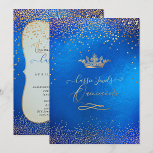 Quinceanera Princess Crown Faux Gold Confetti Blue Kaart