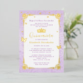 Quinceañera Princess Lila Paars Floral Folie Uitnodiging (Staand Voorkant)