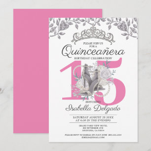 Quinceanera Princess Pink Silver 15th Birthday Kaart