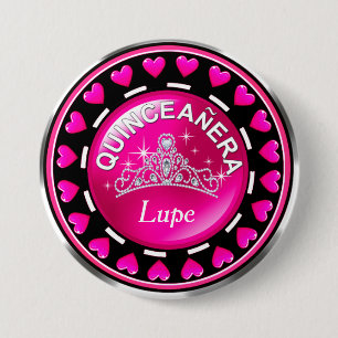 Quinceanera Princess Tiara Love Hearts   roze warm Ronde Button 7,6 Cm