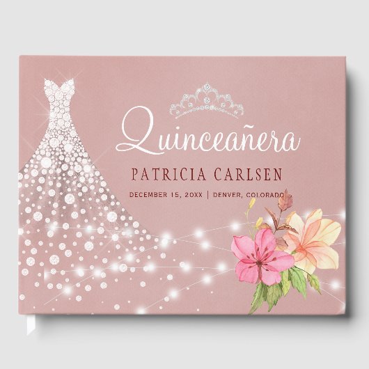 Quinceanera prinses diamanten jurk bloemenblush gastenboek (Voorkant)
