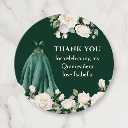 Quinceanera Prinses Jurk Smaragd Groene Bloem Bedankjes Labels (Voorkant)