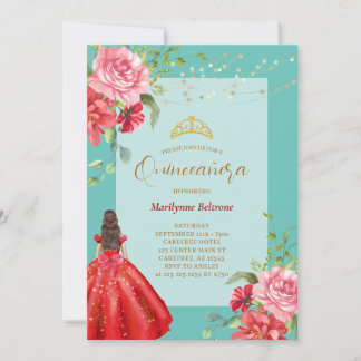 Quinceañera Prinses Rood Bloemen Uitnodiging