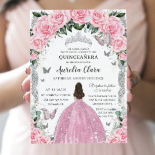 Quinceañera Prinses Roze Bloemen  Zilver Kaart