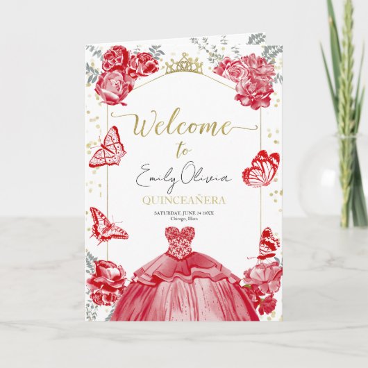 Quinceanera Programma's Rode Jurk Bloemen Gouden F (Voorkant)