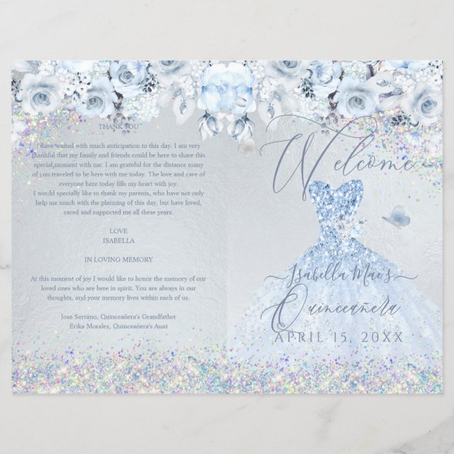 Quinceanera Programme Baby Blue Floral Parties sci (Devant)
