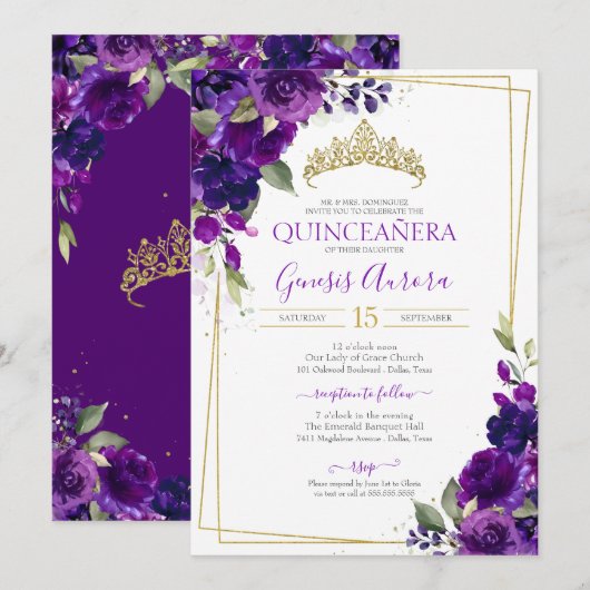 Quinceañera Purple Aquarelle Florale Invitation (Devant / Derrière)