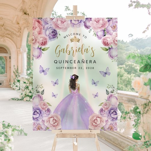 Quinceañera Purple Blush Gold Floral Bienvenue