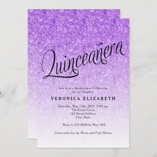 Quinceanera Purple Parties scintillant Invitation  (Devant / Derrière)