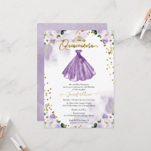 Quinceanera Purple Robe Florale Invitation (Devant/Arrière en situation)