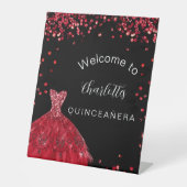 Quinceanera red black glitter-jurk reclamebord met voetstuk (Voorkant)