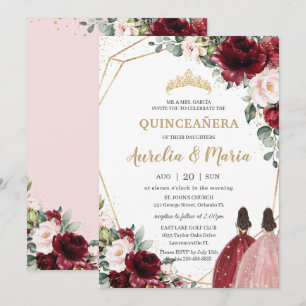 Quinceañera Red Blush roze Rose Gold Floral Twins Kaart