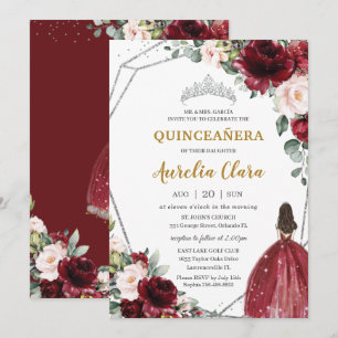 Quinceañera Red Burgundy Blush Floral Silver Tiara Kaart