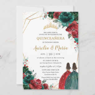 Quinceañera Red Emerald Green Floral Twins Gold Kaart