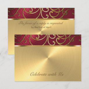 Quinceanera Red en Gold Filigree Swirls Kaart