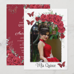 Quinceañera Red Floral Rozen Butterflies Kaart