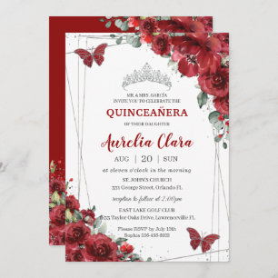 Quinceañera Red Flowers Floral Silver Butterfly Kaart