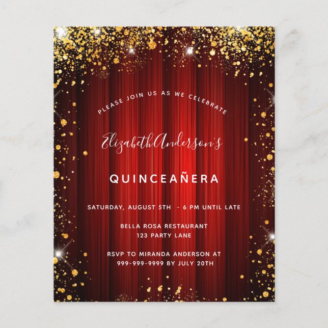 Quinceanera red gold bioscoopuitnodiging (Voorkant)