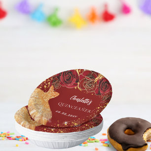 Quinceanera red gold glitter jurk floral papieren kommen