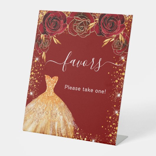 Quinceanera red goudglitter jurk florale pleisters reclamebord met voetstuk (Voorkant)