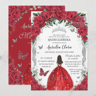Quinceañera Red Roses Floral Princess Jurk Zilver Kaart