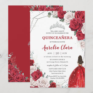 Quinceañera Red Roses Floral Princess Silver Crown Kaart