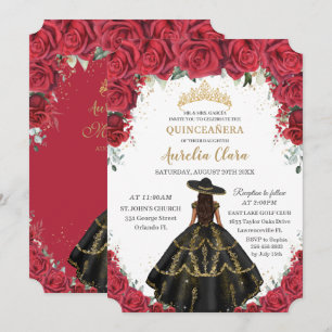 Quinceañera Red Roses Flowers Black Dress Pet Gold Kaart
