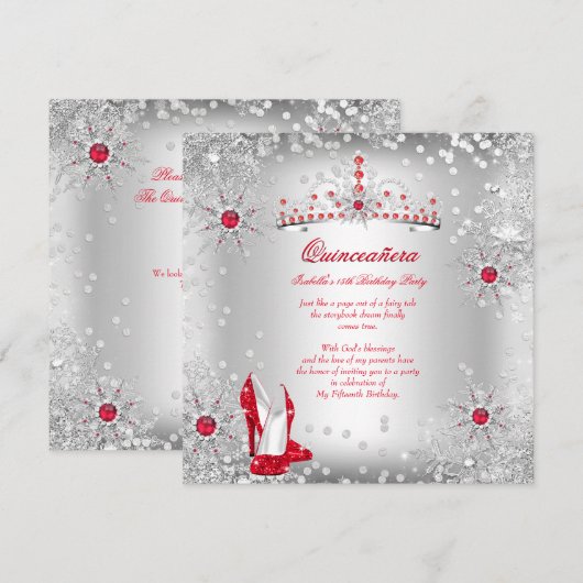Quinceanera Red Silver Winter Wonderland Kaart (Voorkant / Achterkant)