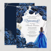 Quinceañera Regal Royal Blue & Silver w Gown Invit Kaart (Voorkant / Achterkant)