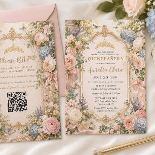 Quinceañera Regency Engelse bloementuin QR RSVP Kaart