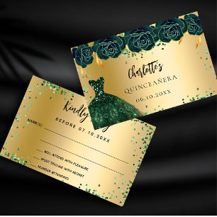 Quinceanera robe verte fleurs or RSVP carte
