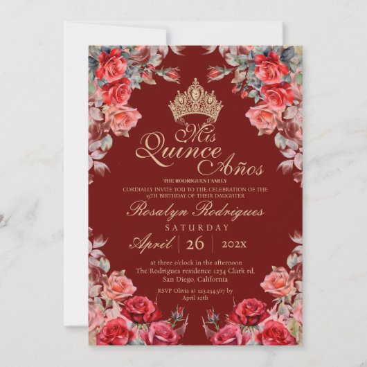 Quinceanera - Rode Gouden Roos Uitnodiging (Voorkant)
