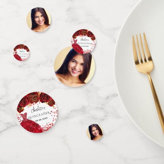 Quinceanera rode jurk bloemen wit foto confetti (Groep)