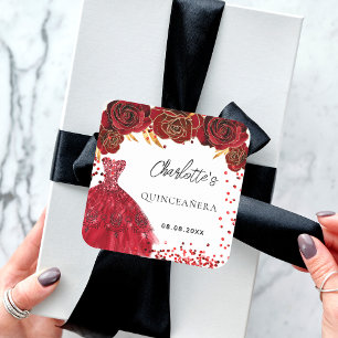 Quinceanera rode jurk bloemen wit vierkante sticker