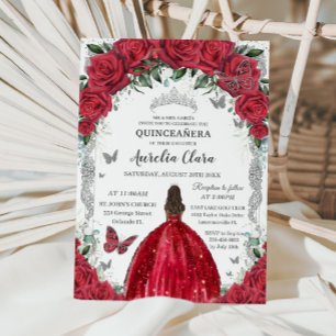Quinceañera Rode Jurk Rozen Bloemen  Zilver Kaart