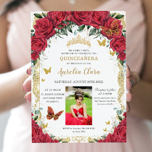 Quinceañera Rode Rozen Bloemen  Goud Afbeelding Kaart