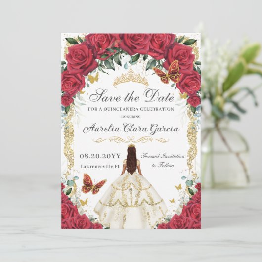 Quinceañera Rode Rozen Bloemen Witte Jurk Goud Save The Date (Staand voorkant)