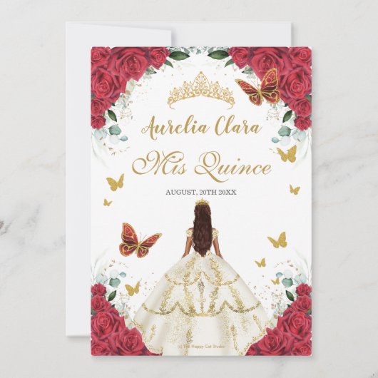 Quinceañera Rode Rozen Bloemen Witte Jurk Goud Save The Date (Achterkant)