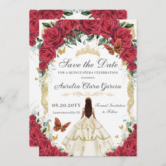 Quinceañera Rode Rozen Bloemen Witte Jurk Goud Save The Date (Voorkant / Achterkant)
