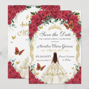 Quinceañera Rode Rozen Bloemen Witte Jurk Goud Save The Date