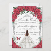 Quinceañera Rode Rozen Bloemen Witte Jurk Zilver Save The Date (Voorkant)
