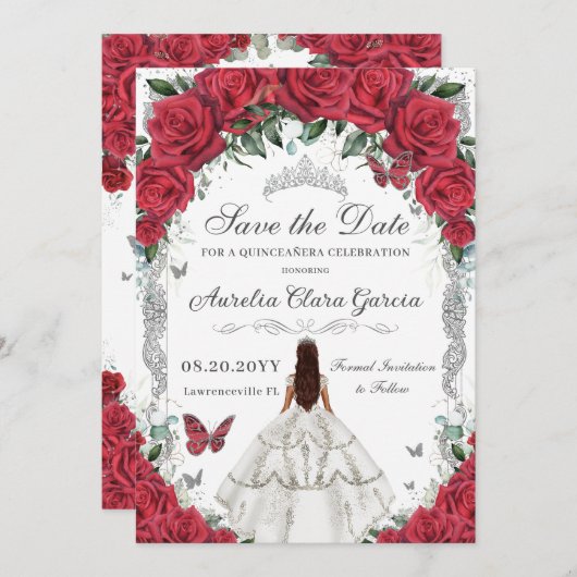 Quinceañera Rode Rozen Bloemen Witte Jurk Zilver Save The Date (Voorkant / Achterkant)