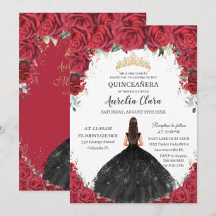 Quinceañera Rode Rozen Bloemen Zwart Jurk Goud Kaart