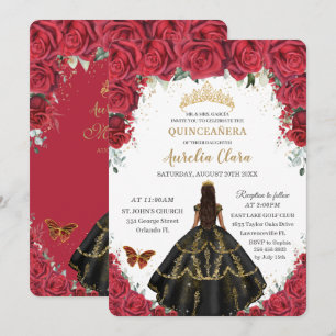 Quinceañera Rode Rozen Bloemen Zwart Jurk Goud Kaart