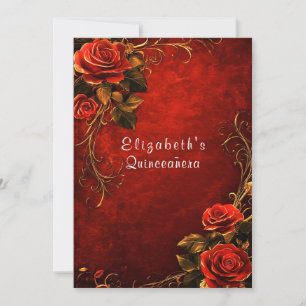 Quinceanera Rode Rozen Gouden Filigraan Kaart